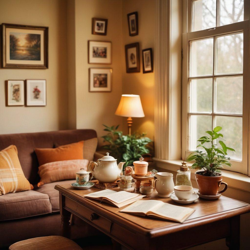 A cozy, sunlit living room filled with sentimental memorabilia like old photographs, vintage toys, and handwritten letters. A warm, inviting atmosphere where two friends are reminiscing and sharing laughter over a cup of tea. The background shows a window with soft light pouring in, enhancing the nostalgic feel with gentle hints of nature outside. Elements of heartwarming emotions, connection, and warmth are subtly illuminated throughout. painting. warm hues. soft focus.