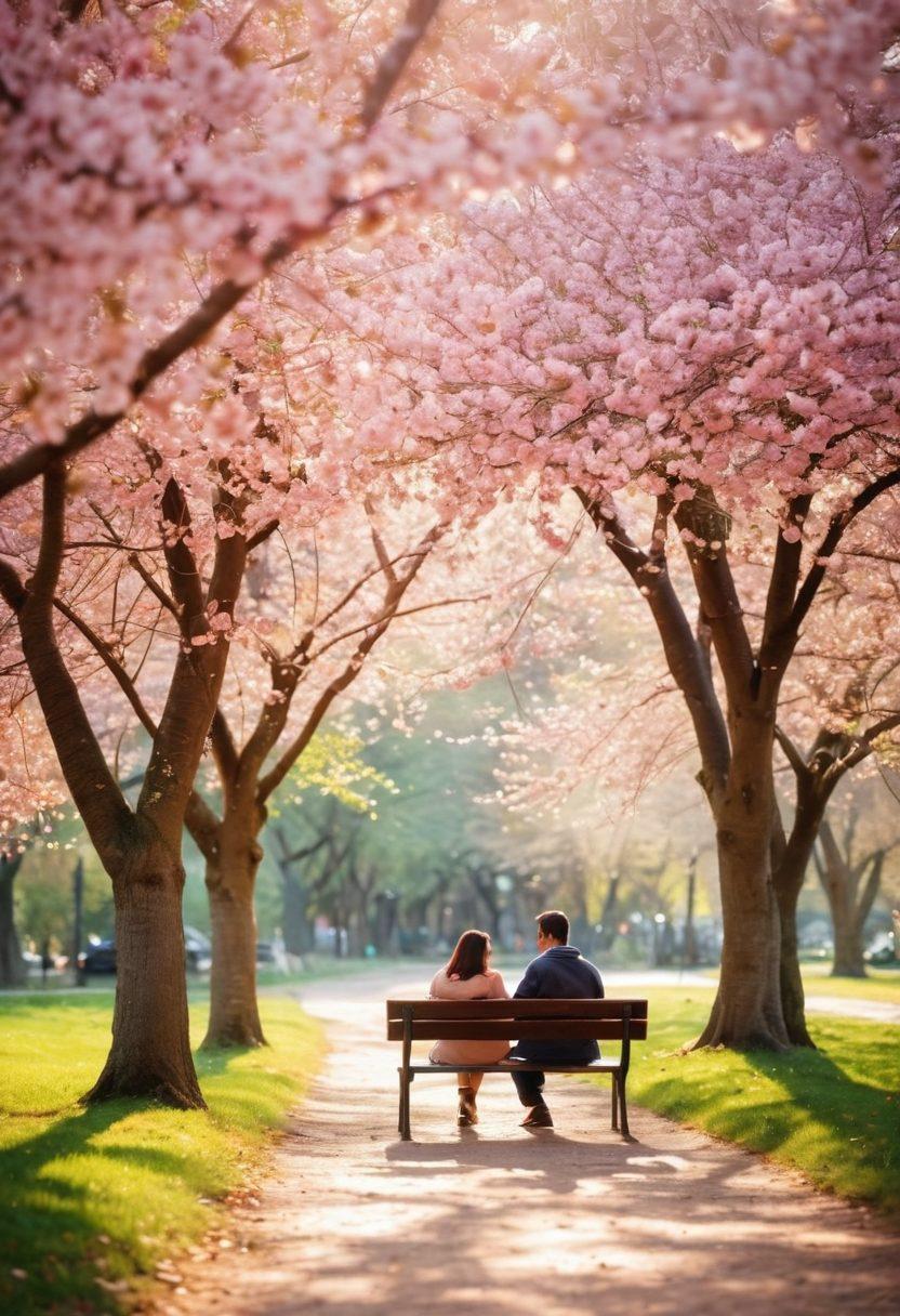 A cozy scene depicting two people sitting on a park bench, sharing tender moments surrounded by blooming cherry blossom trees. Soft sunlight filters through the branches, creating a warm and inviting atmosphere. In the background, a winding path leads into an enchanting landscape, filled with vibrant colors of love and nostalgia. The couple holds hands, gazing into each other's eyes, while scattered heart-shaped leaves float around them. dreamy, soft-focus, vibrant colors.